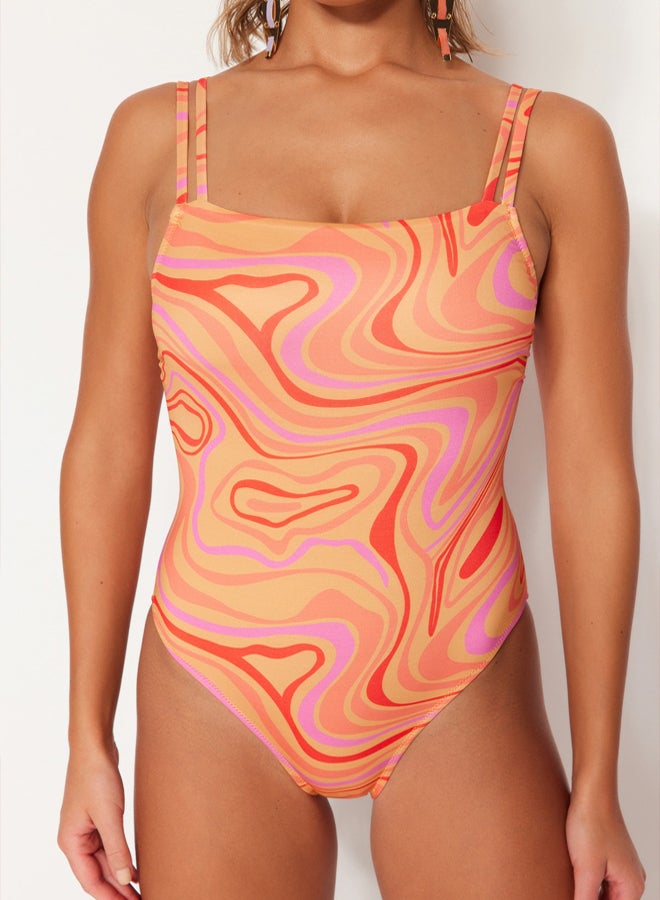 Abstract Patterned Square Neck Webbing Regular Swimsuit