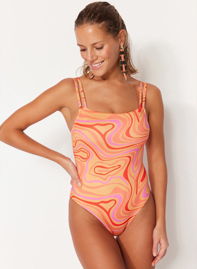 Abstract Patterned Square Neck Webbing Regular Swimsuit