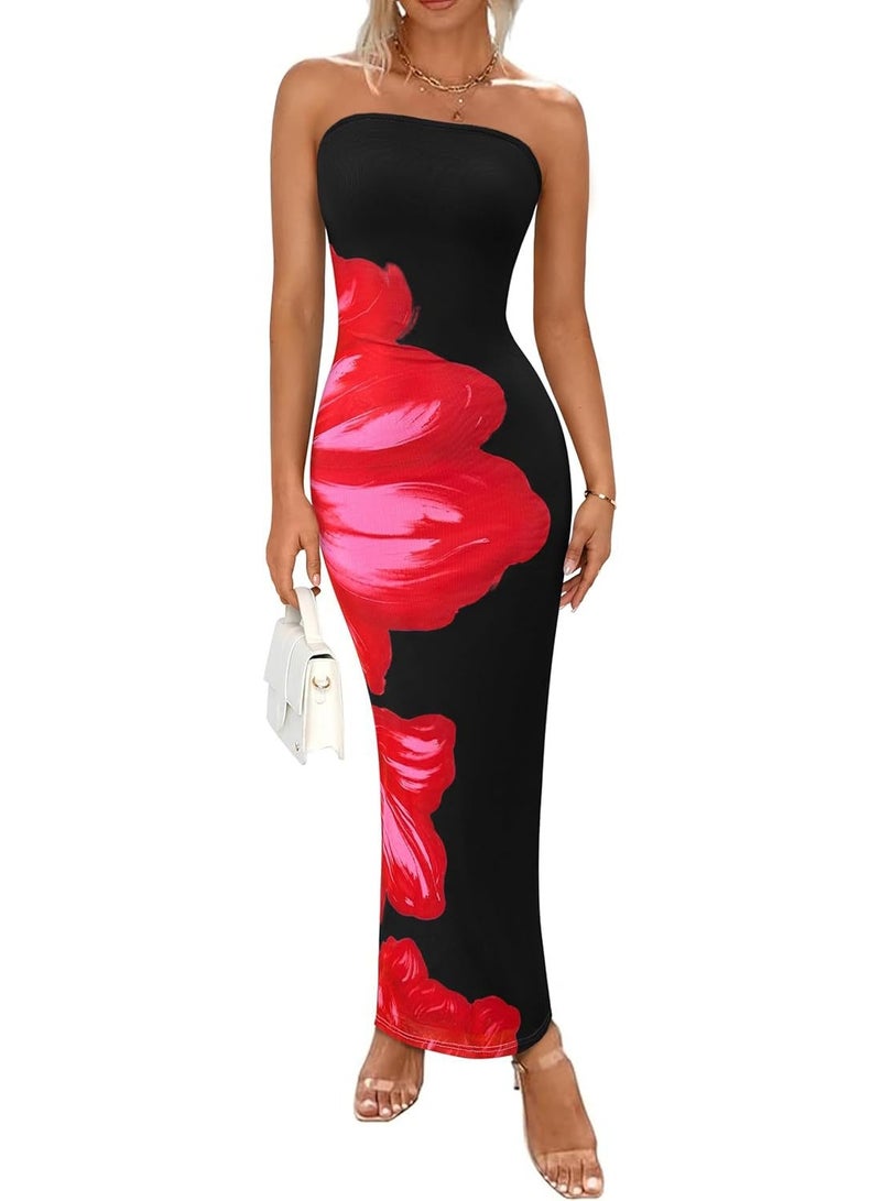 general Floral Print Strapless Bodycon Maxi Dress - Sexy Summer Beach Dress for Women, Tropical Vacation Sundress, Club Party - Image 2