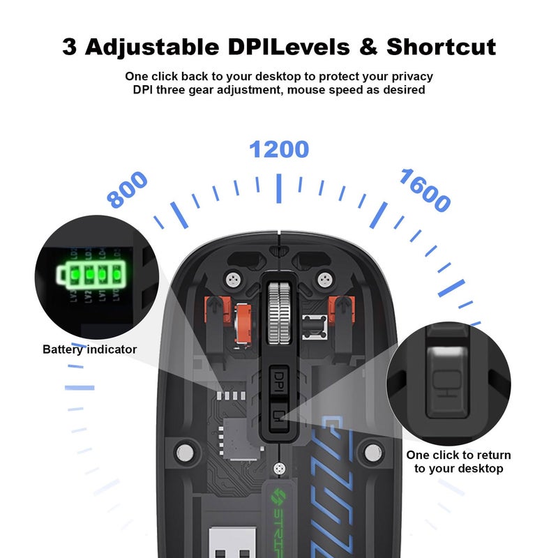 Striff فأرة نيو-بلا الشفافة اللاسلكية وقابلة لإعادة الشحن (BT5.2 + 2.5G-1600-DPI)، جهاز استقبال USB، سحر بطارية LED رفيع للنقر بدون ضوضاء، اقتران متعدد الأجهزة، ضبط الحساسية - Image 3