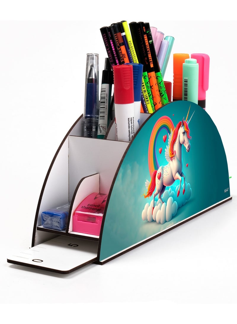 KutuTR Wooden Vip Desktop Pen Holder Organizer with Rainbow Ruler for Kids Assembled Boxed  - Image 1