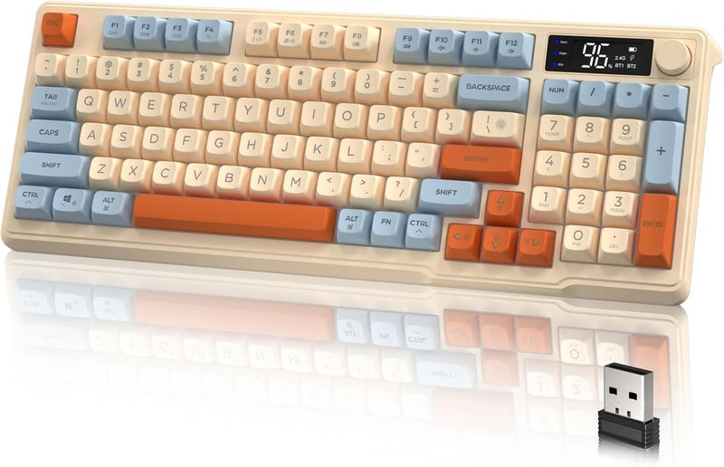 LexonElec M96 Wireless Gaming Keyboard, Dual Mode 2.4G and BT5.0, Semi-Mechanical 90% Membrane Keyboard with Display and Knob, PBT Keypad 94 Keys Rainbow Backlit, 3000 mAh Rechargeable-Blue - Image 1