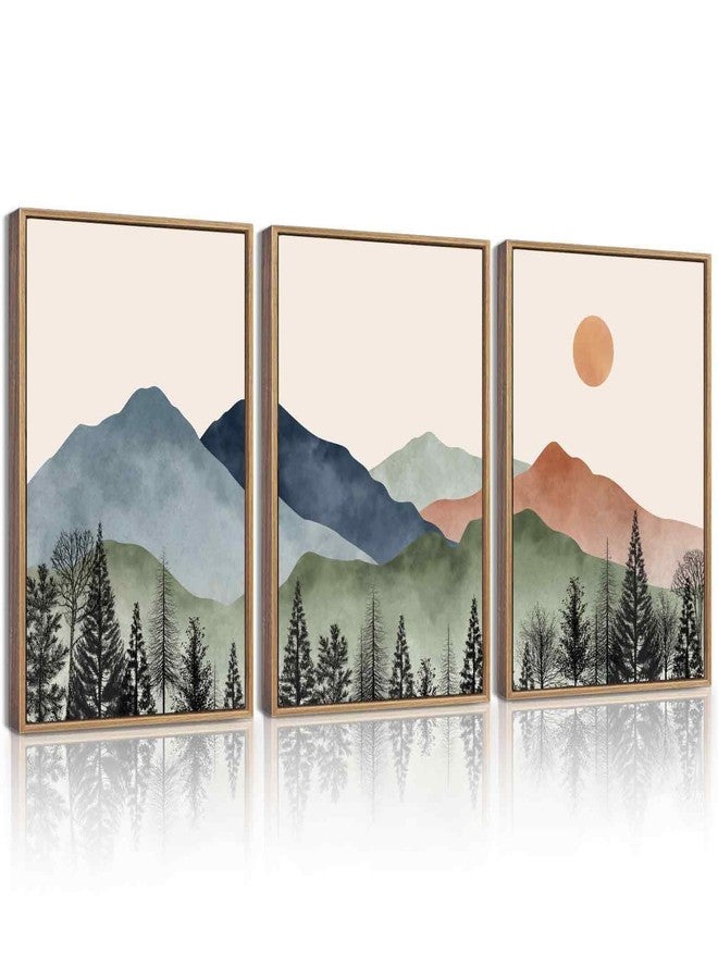 KUVIOKE Mountain Landscape Framed Wall Art Watercolor Nature Painting Boho Sun Rise Prints Farmhouse Rustic Room Decor Ready to Hang 12x16in (Natural Framed) - Image 1