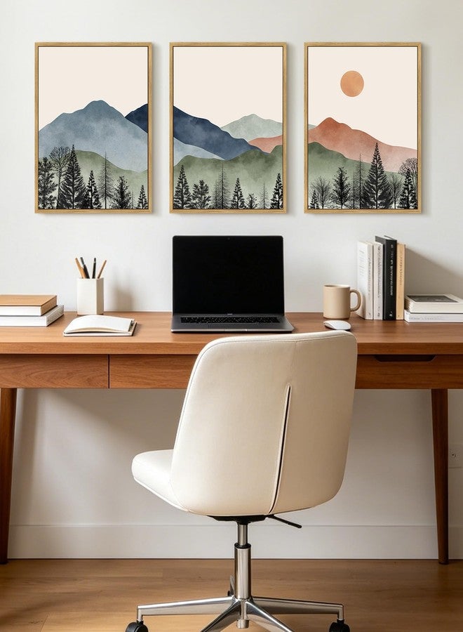 KUVIOKE Mountain Landscape Framed Wall Art Watercolor Nature Painting Boho Sun Rise Prints Farmhouse Rustic Room Decor Ready to Hang 12x16in (Natural Framed) - Image 4