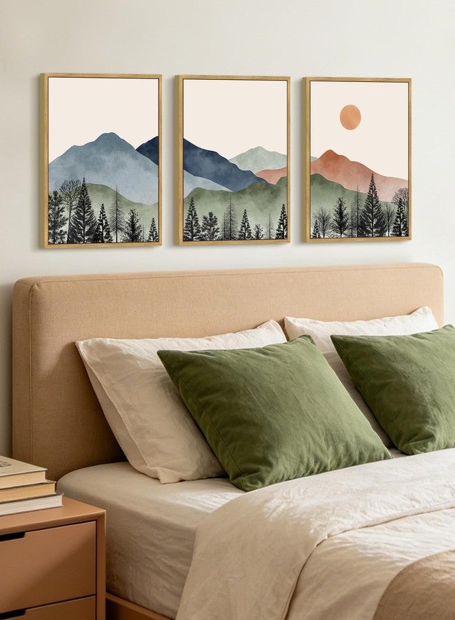 KUVIOKE Mountain Landscape Framed Wall Art Watercolor Nature Painting Boho Sun Rise Prints Farmhouse Rustic Room Decor Ready to Hang 12x16in (Natural Framed) - Image 2