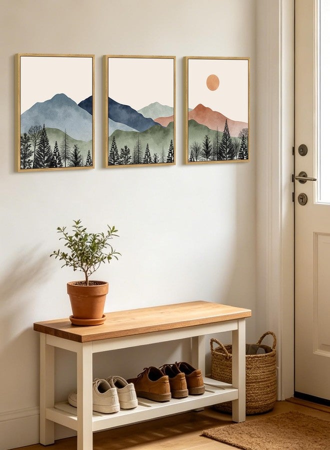 KUVIOKE Mountain Landscape Framed Wall Art Watercolor Nature Painting Boho Sun Rise Prints Farmhouse Rustic Room Decor Ready to Hang 12x16in (Natural Framed) - Image 5