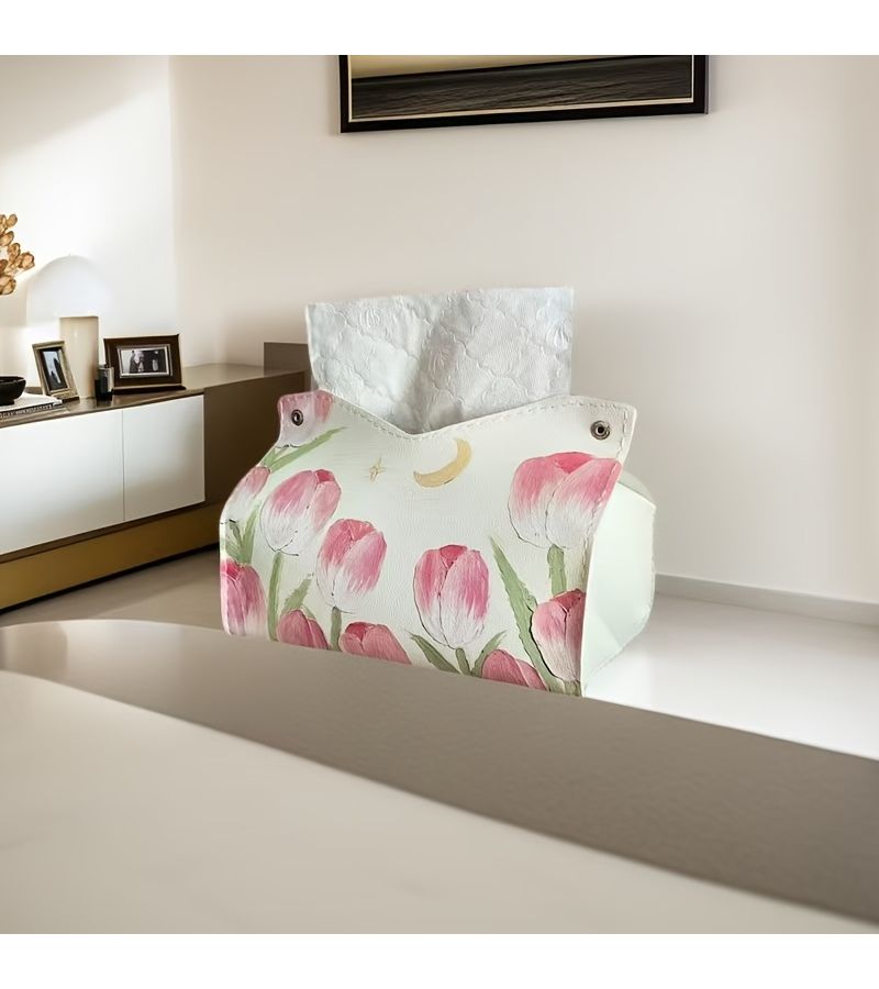 Stylish And Elegant Tulip Floral Design Faux Leather Tissue Box Holder Waterproof Easy Clean Multi Use Decorative For Home Bedroom Living Room Bathroom Holiday Gift - Image 5