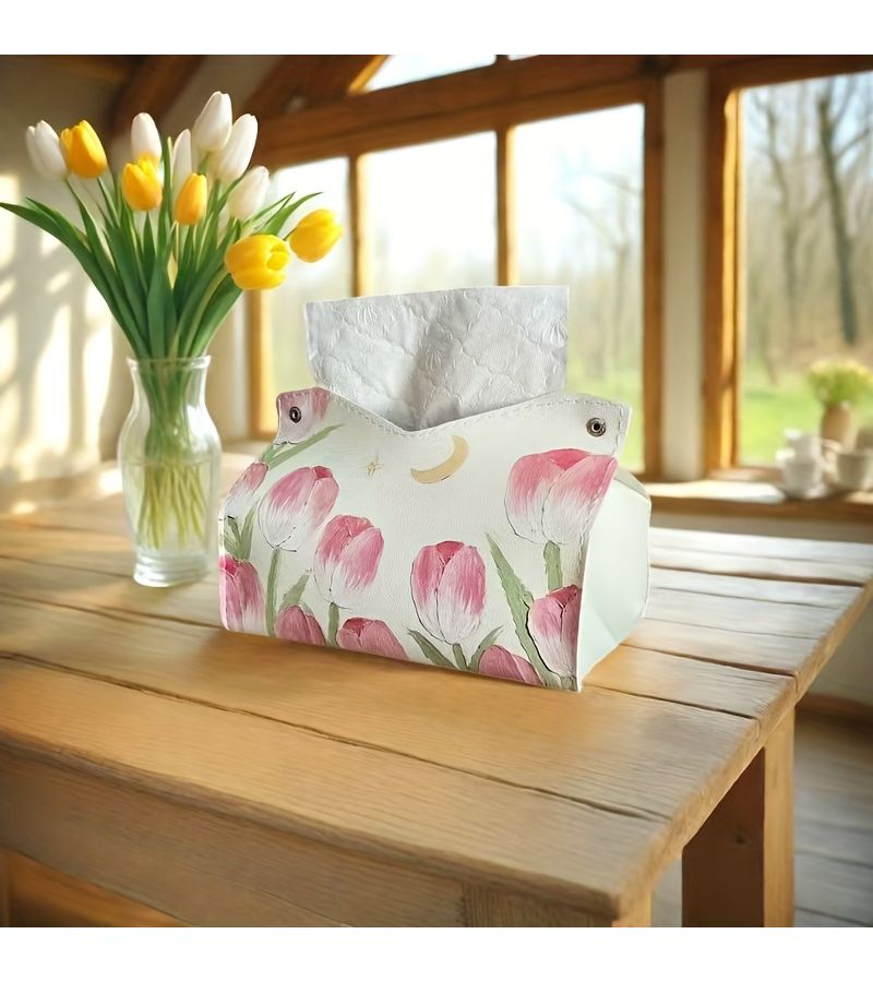 Stylish And Elegant Tulip Floral Design Faux Leather Tissue Box Holder Waterproof Easy Clean Multi Use Decorative For Home Bedroom Living Room Bathroom Holiday Gift - Image 2