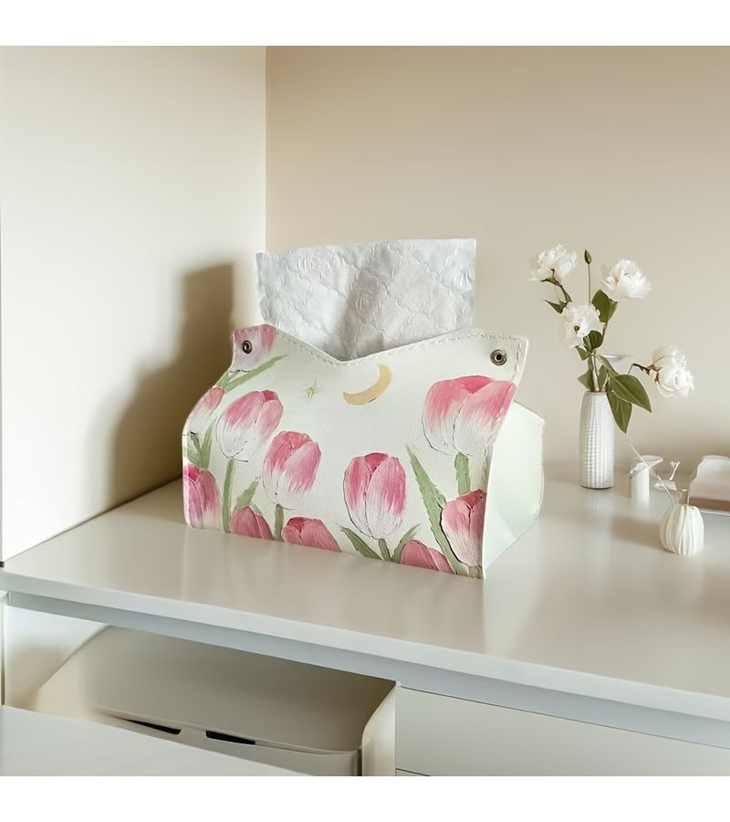 Stylish And Elegant Tulip Floral Design Faux Leather Tissue Box Holder Waterproof Easy Clean Multi Use Decorative For Home Bedroom Living Room Bathroom Holiday Gift - Image 1
