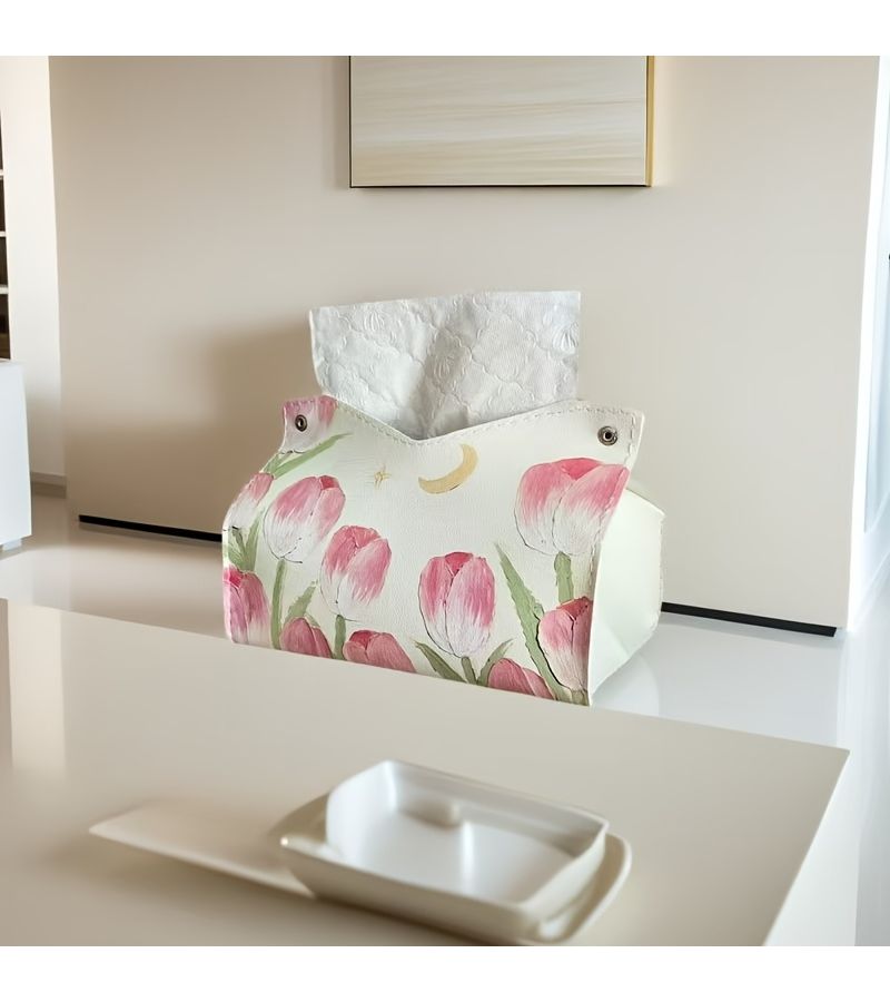 Stylish And Elegant Tulip Floral Design Faux Leather Tissue Box Holder Waterproof Easy Clean Multi Use Decorative For Home Bedroom Living Room Bathroom Holiday Gift - Image 4