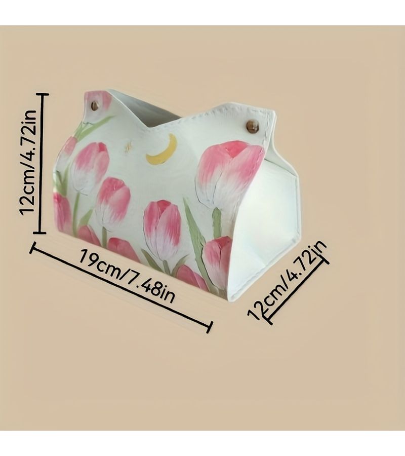Stylish And Elegant Tulip Floral Design Faux Leather Tissue Box Holder Waterproof Easy Clean Multi Use Decorative For Home Bedroom Living Room Bathroom Holiday Gift - Image 3