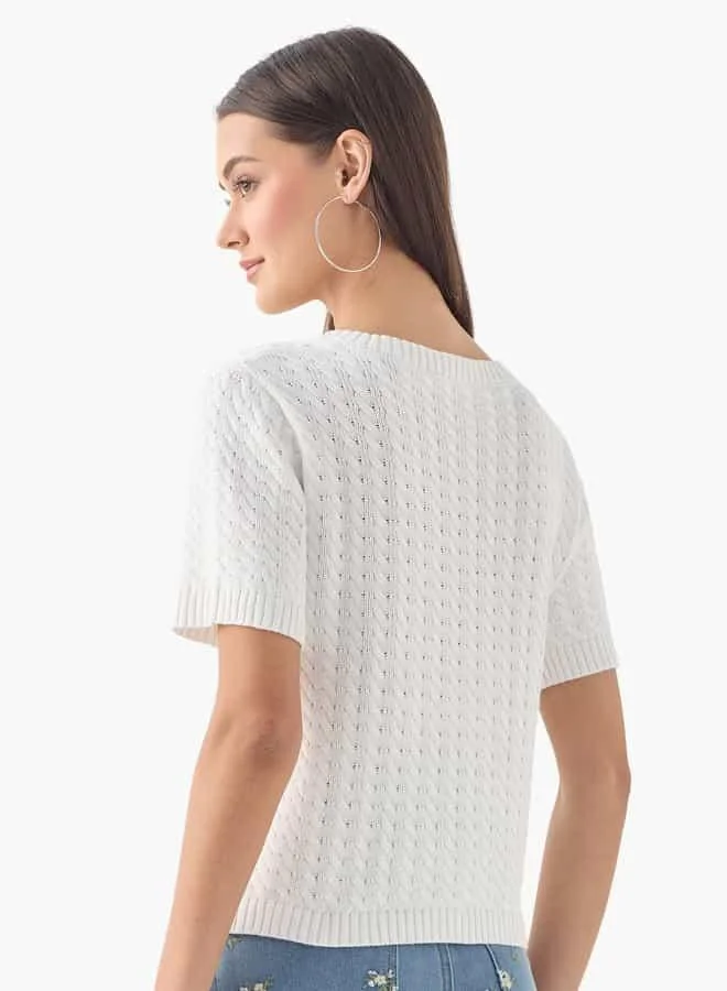 Lee Cooper Lee Cooper Crochet Textured Sweater with Short Sleeves
