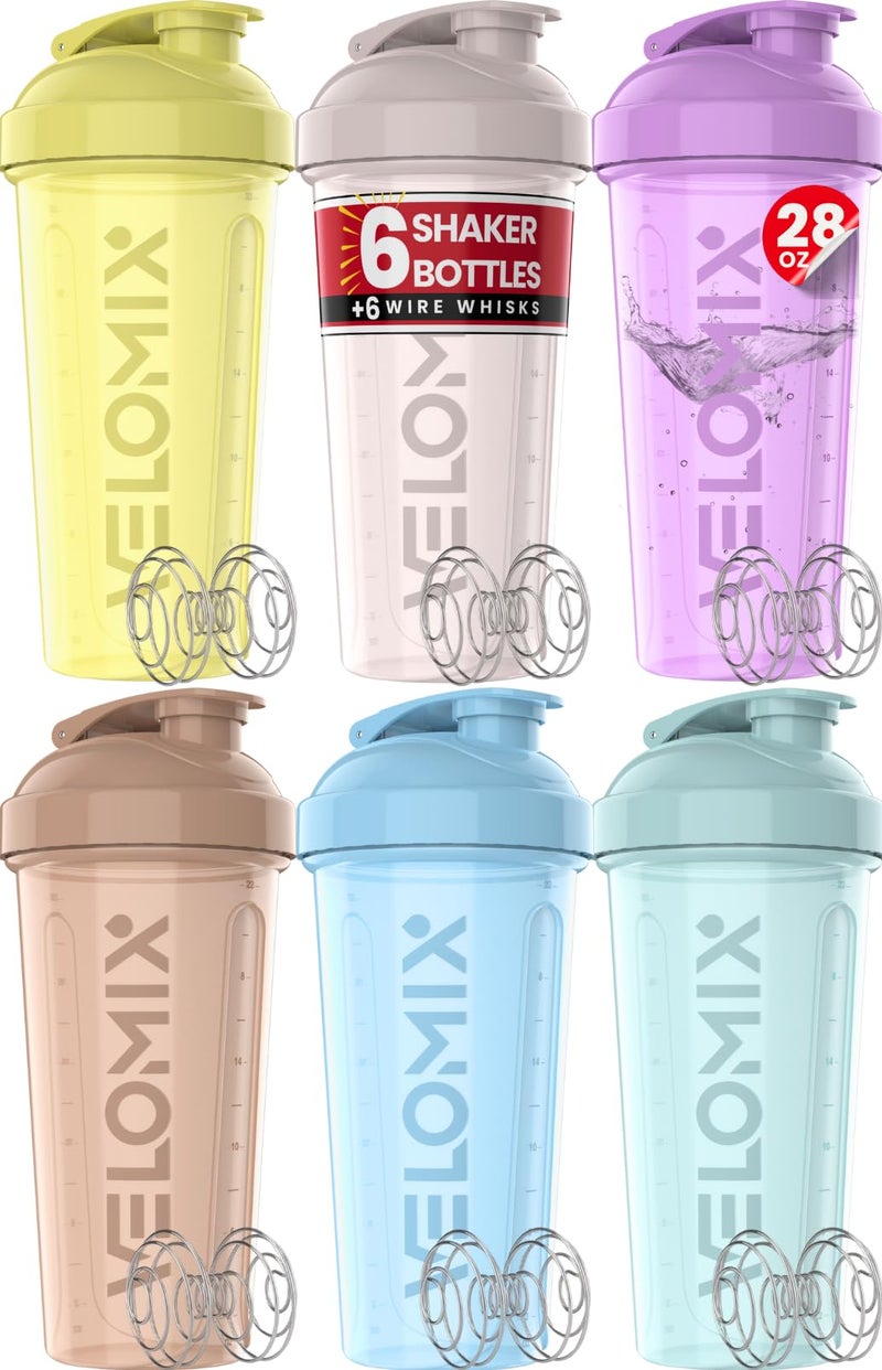 VELOMIX 6 PACK 28 oz Protein Shaker Bottle for Protein Mixes 6x Wire Whisk Leak Proof Shaker Cups for Protein Shakes Protein Shaker Bottle Pack Protein Shake Cup Pastel Power Series - Image 2