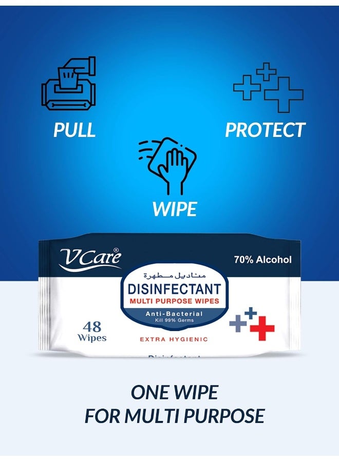 VCare Disinfectant Multi-Purpose Anti Bacterial Wipes - 48'S | Kills 99.9% Of Germs | Cleans And Protects Surfaces | (Pack Of 12) - Image 3