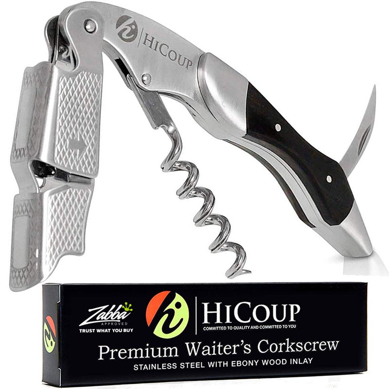HiCoup Kitchenware Hicoup Wine Opener  Professional Corkscrews for Wine Bottles wFoil Cutter and Cap Remover  Manual Wine Key for Servers Waiters Bartenders and Home Use  Stainless Steel Ebony 