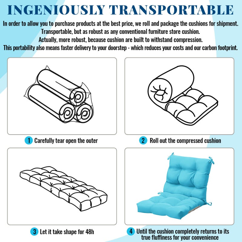 Marsui 4 Pcs Outdoor Indoor High Back Chair Cushions Patio Furniture Tufted Pillow with Ties Water-Resistant Replacement Outdoor Rocking Chair Cushions, 42 x 21 Inches (Lake Blue,Solid Color) - Image 4