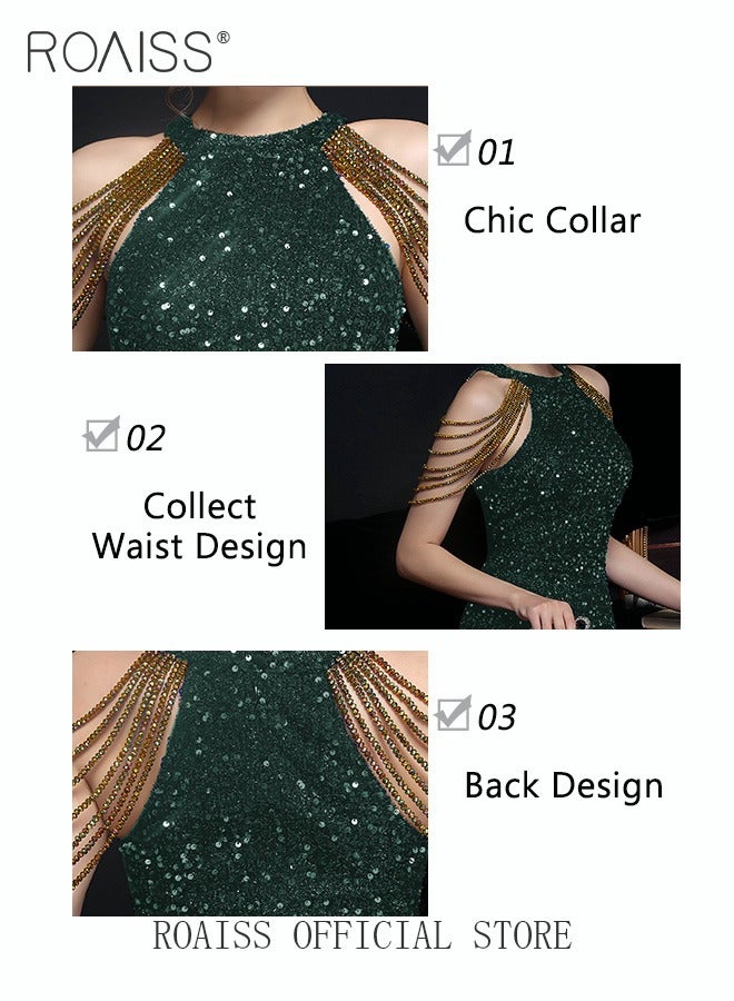 roaiss Banquet Party  Hip Dress for Women Evening Dresses Halter Neck Sequins Mid-Rise  Short-Length Sleeveless Prom Ball Gown Wedding Elegant Slim Formal Dresses Bridesmaid Dress  - Image 3