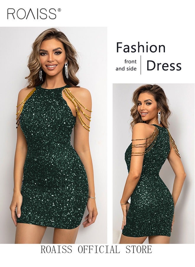 roaiss Banquet Party  Hip Dress for Women Evening Dresses Halter Neck Sequins Mid-Rise  Short-Length Sleeveless Prom Ball Gown Wedding Elegant Slim Formal Dresses Bridesmaid Dress  - Image 4