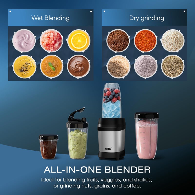 Nahida Blender for Smoothies, 1200W Smoothie Blender for Ice Crushing, Blenders with (2) 6-Fin Blades, Personal Blenders for Kitchen with 23oz, 32oz, 37oz Easy Go Cups for Juices, Silver - Image 4