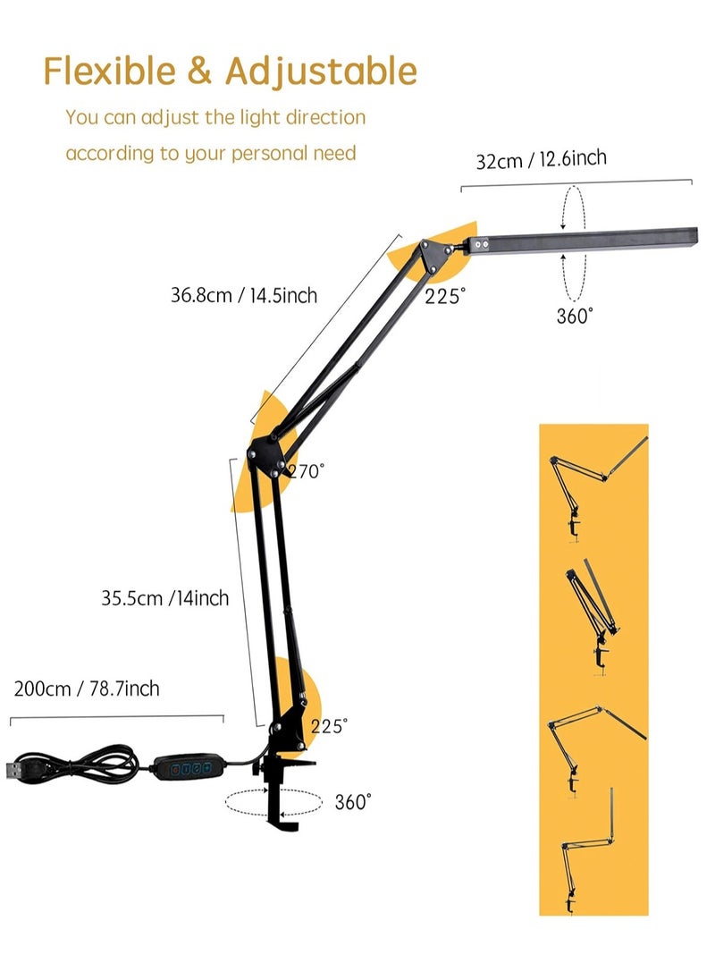 LOOPITYS LED Desk Lamp, Adjustable Swing Arm Lamp with Clamp, Eye-Caring Reading Light, 10 Brightness Levels, 3 Lighting Modes, Memory Function Lamps for Home Office  - Image 3
