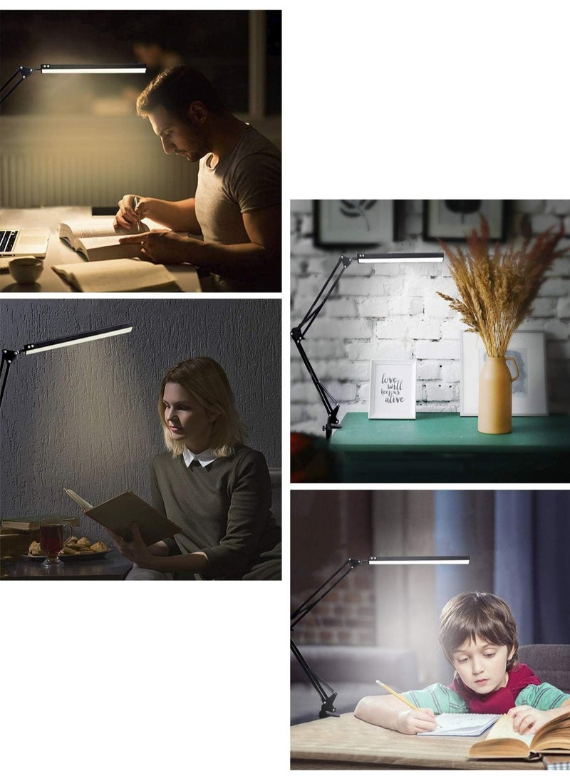 LED Desk Lamp, Adjustable Swing Arm Lamp with Clamp, Eye-Caring Reading Light, 10 Brightness Levels, 3 Lighting Modes, Memory Function Lamps for Home Office