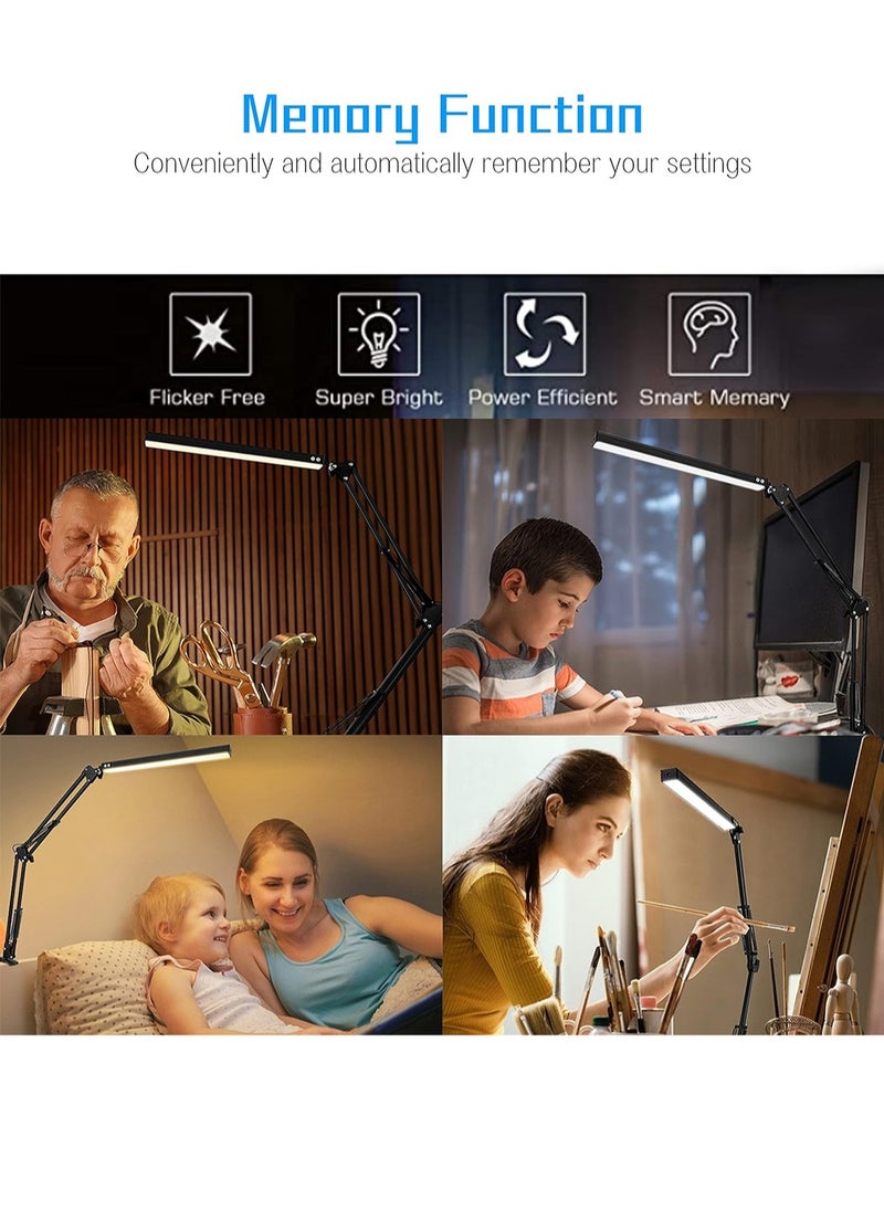 LED Desk Lamp, Adjustable Swing Arm Lamp with Clamp, Eye-Caring Reading Light, 10 Brightness Levels, 3 Lighting Modes, Memory Function Lamps for Home Office
