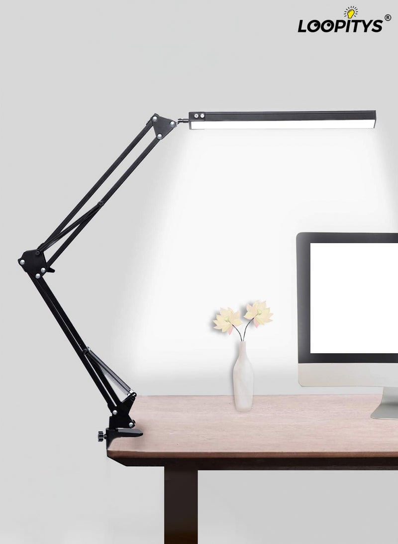 LOOPITYS LED Desk Lamp, Adjustable Swing Arm Lamp with Clamp, Eye-Caring Reading Light, 10 Brightness Levels, 3 Lighting Modes, Memory Function Lamps for Home Office - Image 1