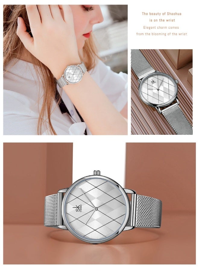 اس كيه شينكاج سِينوبي فاشون ساعة نسائية كاجوال، بسيطة، بأسلوب فاخر خفيف (فضي) - Image 3