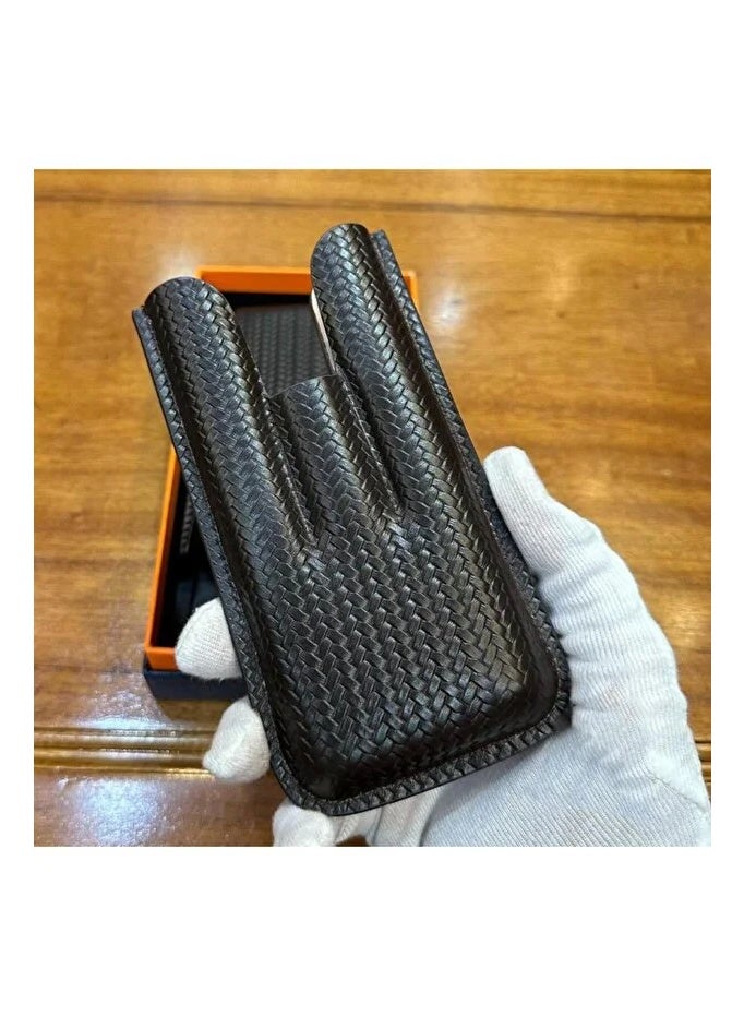 Lubinski Leather Cigar Case Braided Pattern capcity 3(60 RNG) BLACK - Image 2