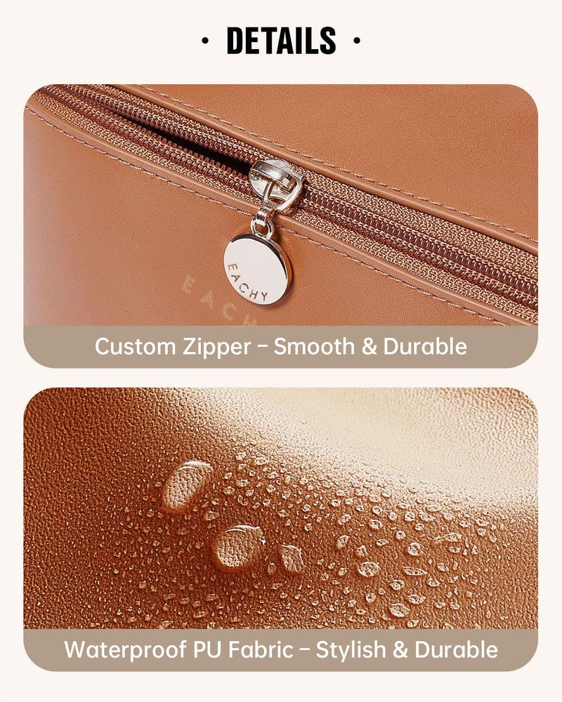 EACHY Travel Makeup Bag,Large Capacity Cosmetic Bags for Women,Waterproof Portable Pouch Open Flat Toiletry Bag Make up Organizer with Divider and Handle, Brown, Medium, Rustic - Image 5