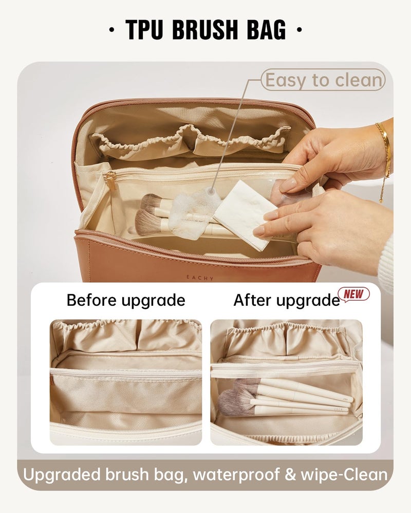 EACHY Travel Makeup Bag,Large Capacity Cosmetic Bags for Women,Waterproof Portable Pouch Open Flat Toiletry Bag Make up Organizer with Divider and Handle, Brown, Medium, Rustic - Image 3