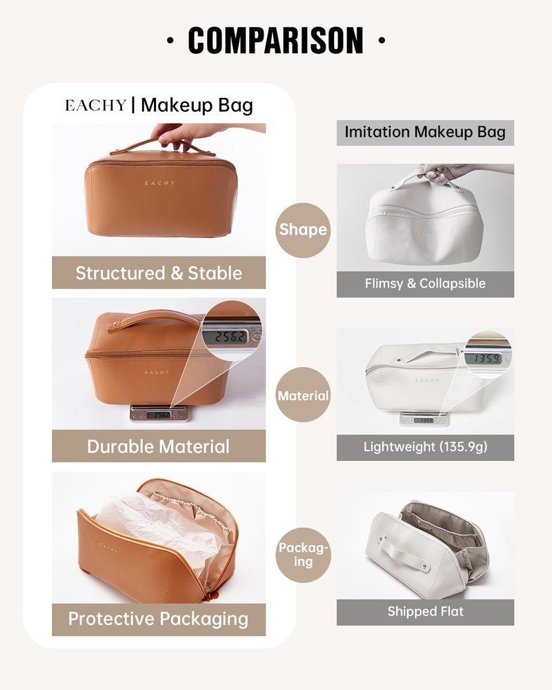 EACHY Travel Makeup Bag,Large Capacity Cosmetic Bags for Women,Waterproof Portable Pouch Open Flat Toiletry Bag Make up Organizer with Divider and Handle, Brown, Medium, Rustic - Image 4