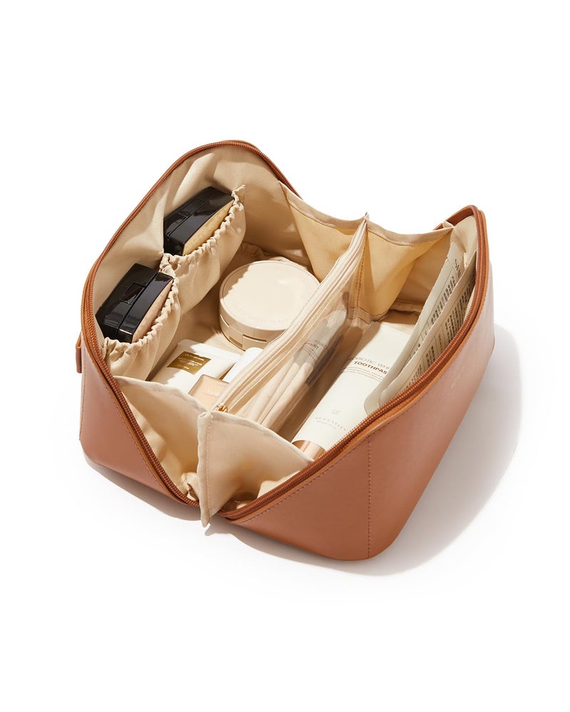 EACHY Travel Makeup Bag,Large Capacity Cosmetic Bags for Women,Waterproof Portable Pouch Open Flat Toiletry Bag Make up Organizer with Divider and Handle, Brown, Medium, Rustic - Image 1