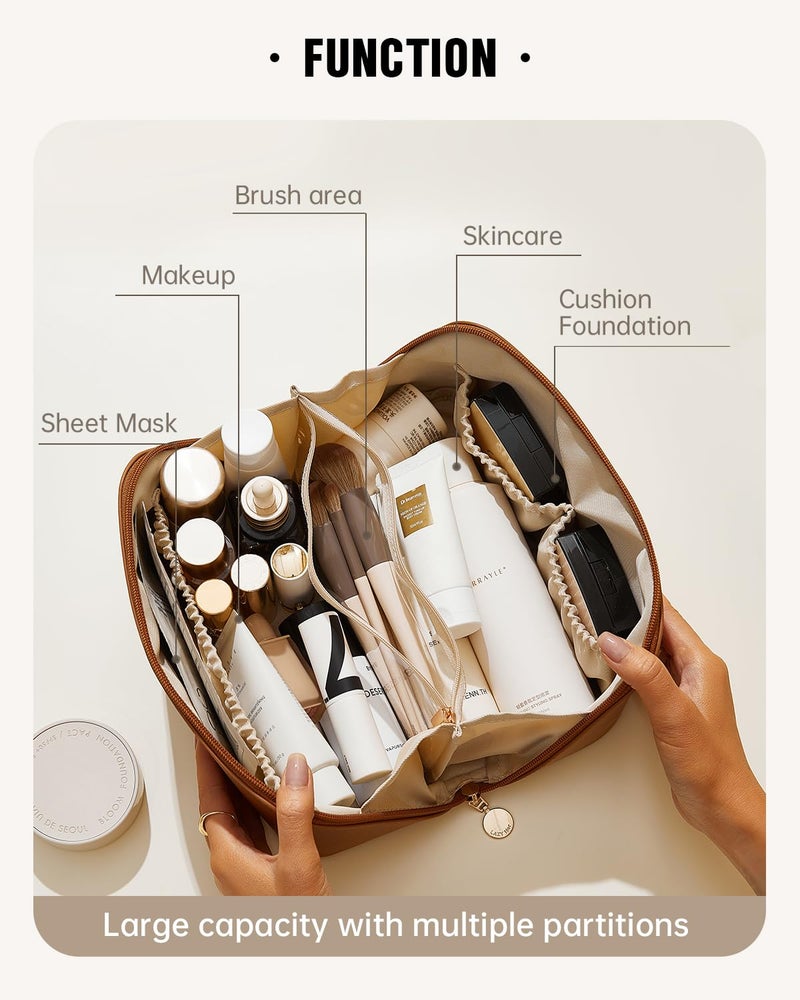 EACHY Travel Makeup Bag,Large Capacity Cosmetic Bags for Women,Waterproof Portable Pouch Open Flat Toiletry Bag Make up Organizer with Divider and Handle, Brown, Medium, Rustic - Image 2