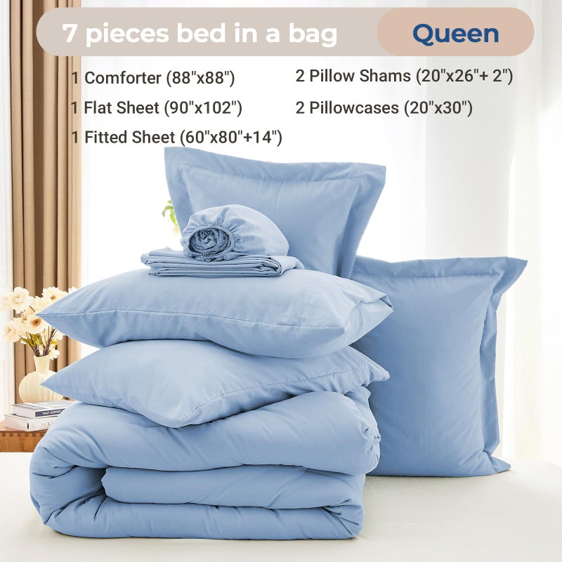 MUXHOMO 7 Pieces Queen Comforter Set, Soft Bed in a Bag Queen Size, All Season Bedding Set with Comforter, Flat Sheet, Fitted Sheet, Pillowcases & Shams, Greyish Blue - Image 4