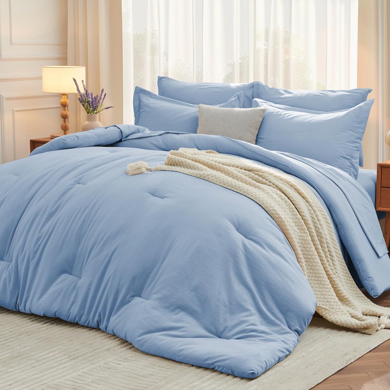 MUXHOMO 7 Pieces Queen Comforter Set, Soft Bed in a Bag Queen Size, All Season Bedding Set with Comforter, Flat Sheet, Fitted Sheet, Pillowcases & Shams, Greyish Blue - Image 1