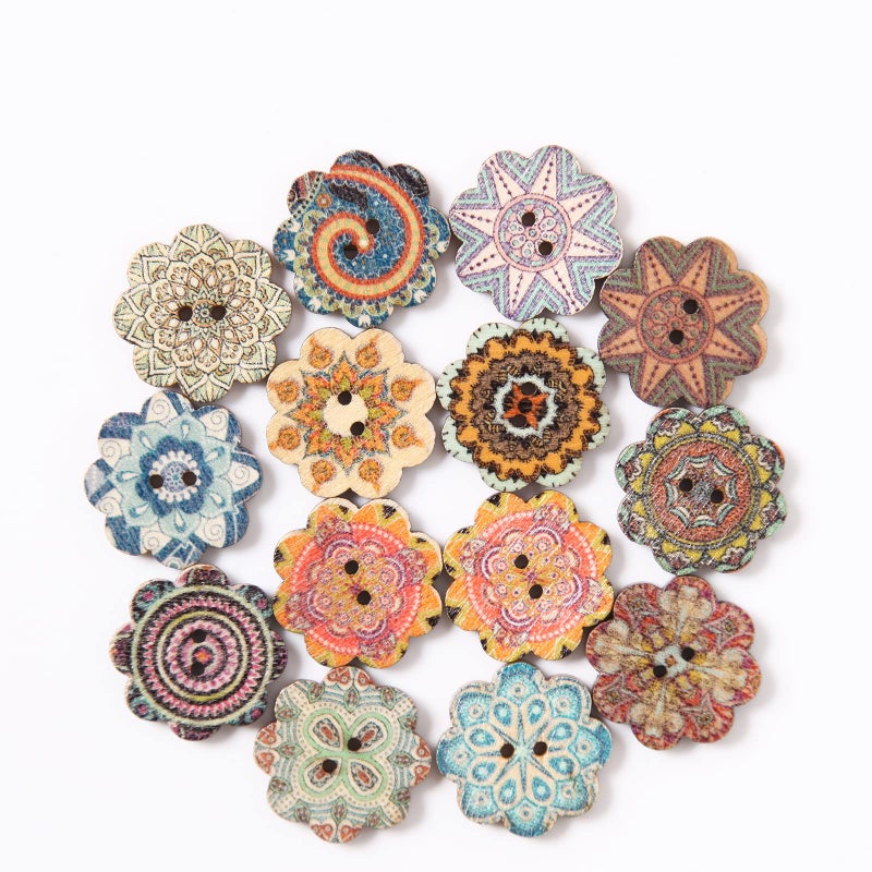 MASONEE 100PCS Mixed Pattern Vintage Wooden Buttons - 3/4inch, 2 Holes, Random Flower Painting, DIY Craft Sewing, Decorative, 20mm - Image 2