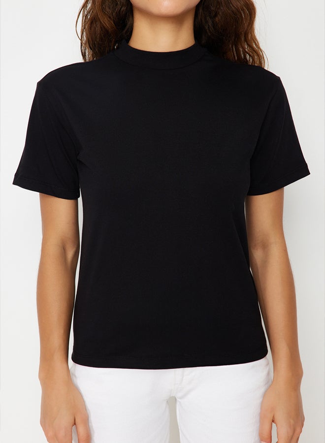 trendyol Black 100% Cotton Basic Stand Collar Knitted T-shirt TWOAW20TS0096 - Image 2