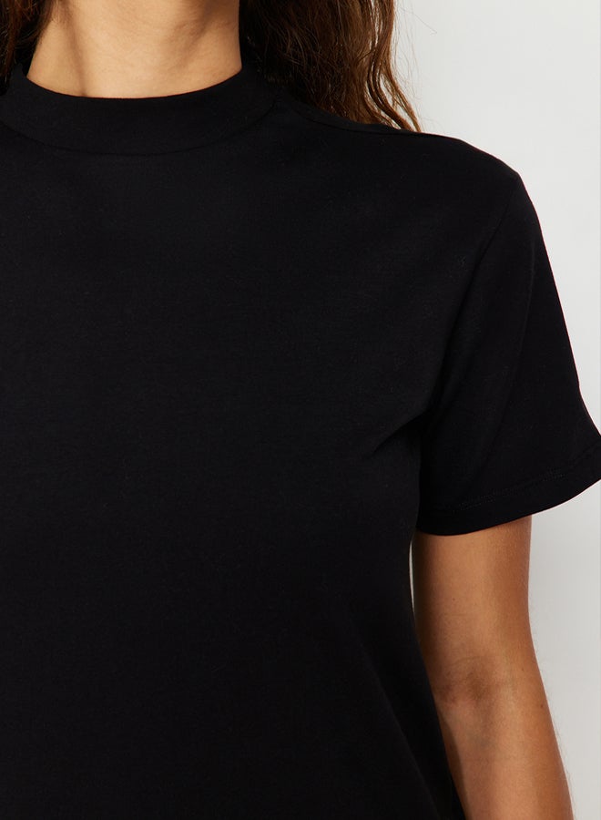 trendyol Black 100% Cotton Basic Stand Collar Knitted T-shirt TWOAW20TS0096 - Image 3