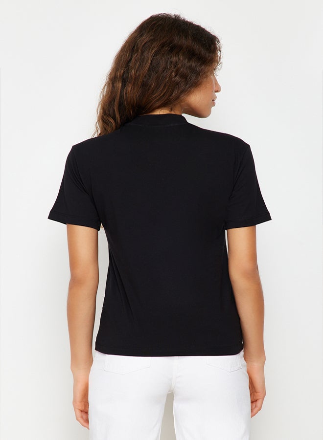 trendyol Black 100% Cotton Basic Stand Collar Knitted T-shirt TWOAW20TS0096 - Image 5