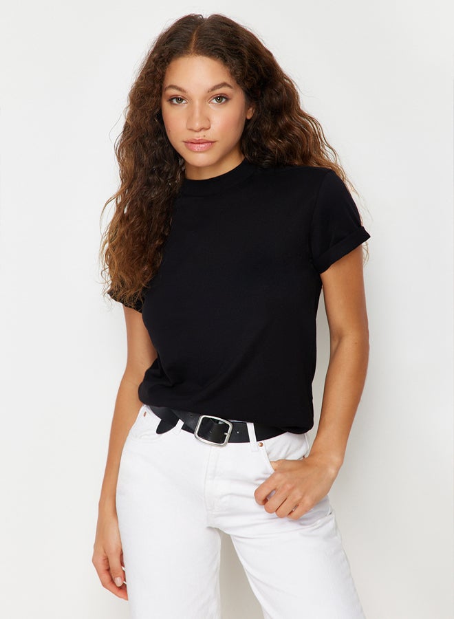trendyol Black 100% Cotton Basic Stand Collar Knitted T-shirt TWOAW20TS0096 - Image 4