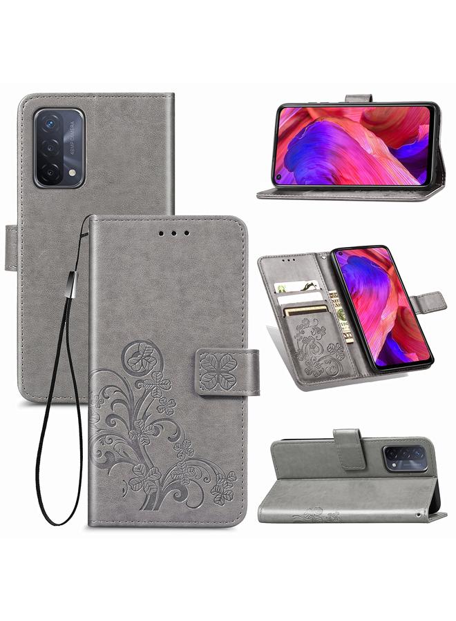 اس-توب جراب لهاتف OPPO A54 5G، جراب جلدي منقوش بأربع أوراق لحماية الهاتف المحمول مع حبل وفتحة للبطاقات ومحفظة ووظيفة قوس - Image 1