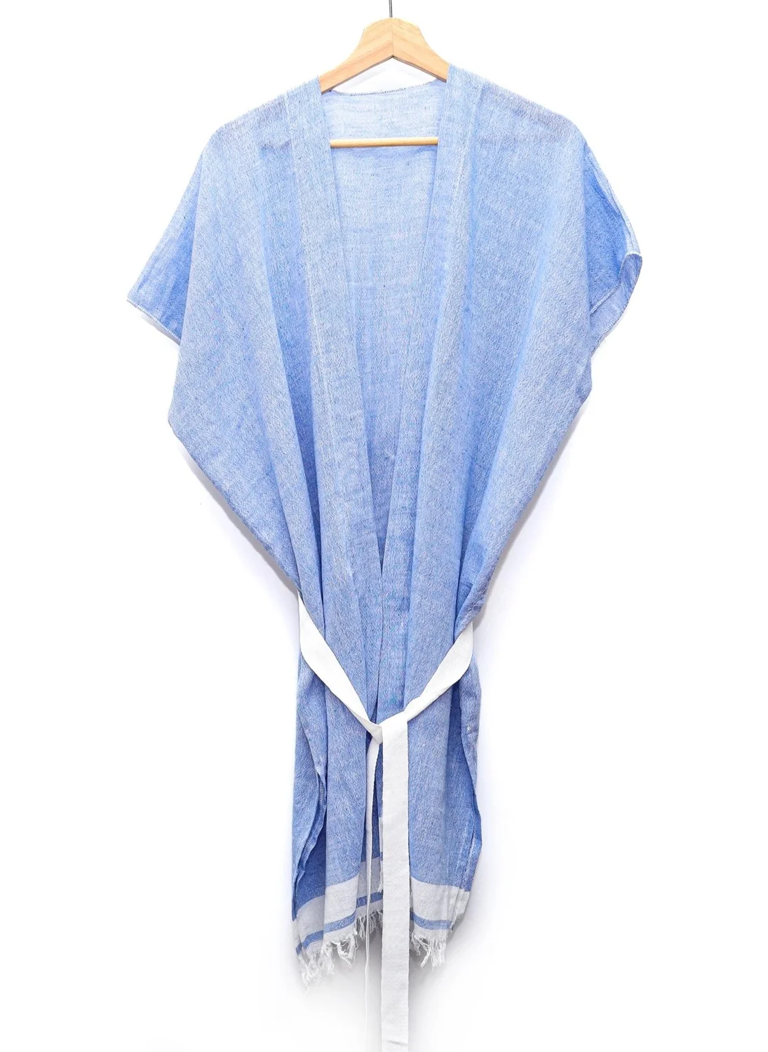 Missi White Belted Blue Cotton Peshtemal Kimono