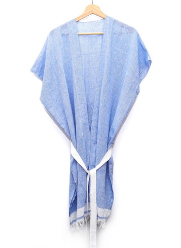 Missi White Belted Blue Cotton Peshtemal Kimono  - Image 1