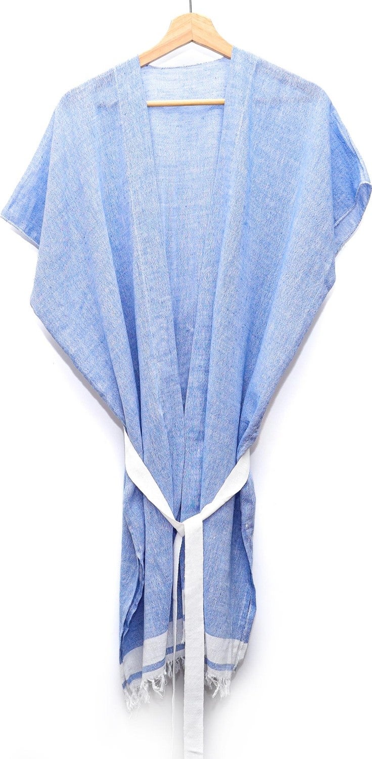 Missi White Belted Blue Cotton Peshtemal Kimono  - Image 1