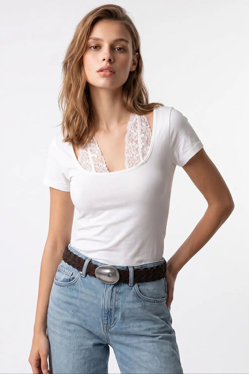 MIXRAY Lace Viscose U-Neck Slim Fit Blouse - Image 1