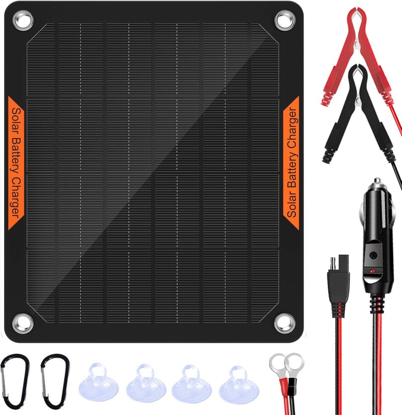 JOYSAE 5W 12V Solar Car Battery Charger Portable Waterproof Solar Power Battery Charger & maintainer with Trickle Cigarette Lighter Plug & Alligator Clip - Image 1