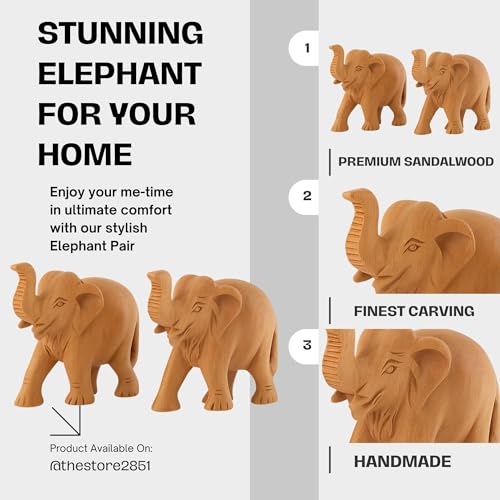 RDK SON'S Handcrafted Sandalwood Elephant Pair – Set of 2 Intricately Carved Wooden Figurines | Elegant Vastu & Cultural Décor Showpieces for Home, Office & Gifting (Sandalwood Upper Trunk) - Image 3