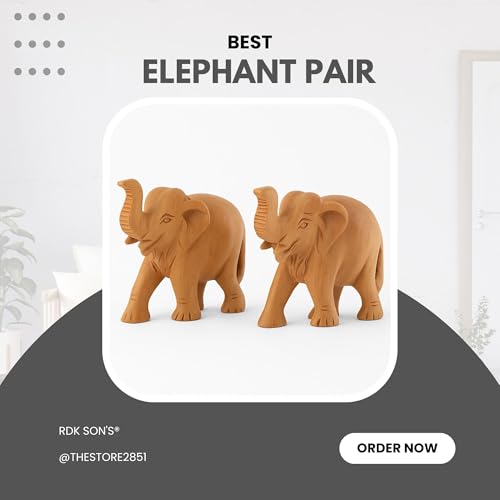 RDK SON'S Handcrafted Sandalwood Elephant Pair – Set of 2 Intricately Carved Wooden Figurines | Elegant Vastu & Cultural Décor Showpieces for Home, Office & Gifting (Sandalwood Upper Trunk) - Image 2