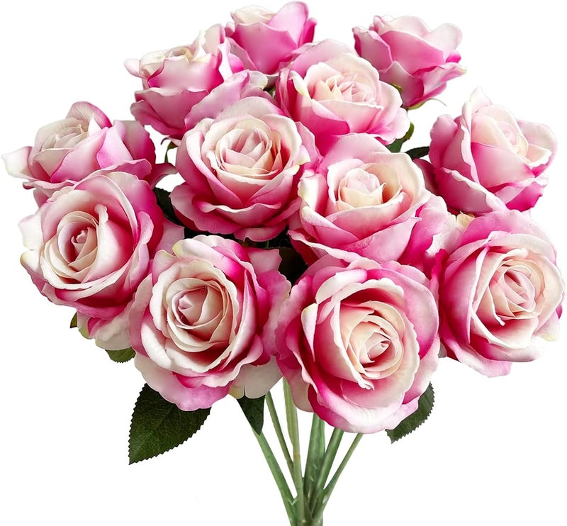 PacuM Artificial Roses, Pack of 12, Artificial Flowers, Silk Flowers, Roses 51 x 7 cm, Artificial Flowers, Realistic Single Stem Flowers for Wedding Party, Valentine's Day, Home Decoration (Dark Pink) - Image 1